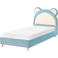 Beliani Kinderbett Blau Samt mit Lattenrost 90x200 cm Holzbeinen Hohem Kopfteil Bärenform Modern Schlafzimmer Ausstattung Möbel Einzelbett Jugendbett