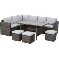 MeXo Gartenmöbel Set Polyrattan Essgruppe 7 Teile Lounge Sofa für 6-9 Personen mit Hocker, wetterfest Balkonset Sitzmöbel-Set Indoor Outdoor grau