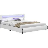 Juskys Polsterbett Sevilla 180 x 200 cm weiß – Bettgestell mit LED Beleuchtung, Lattenrost & Kopfteil – Kunstleder & Holz – Bett Doppelbett