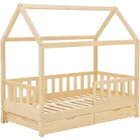 Juskys Kinderbett Marli 90 x 200 cm - Bettkasten, Gitter, Lattenrost & Dach - Holz Natur