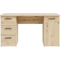 Forte NET307 Schreibtisch 140, moderner Schreibtisch mit 3 Schubladen und 1 Schranktür, Holzwerkstoff, Artisan Eiche Holzdekor, 138,2 cm breit x 75,3 cm hoch x 60 cm tief
