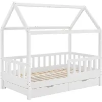 Juskys Kinderbett Marli 90 x 200 cm - Bettkasten, Gitter, Lattenrost & Dach - Holz Weiß