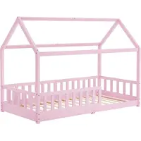 Juskys Kinderbett Marli 90 x 200 cm - Rausfallschutz, Lattenrost & Dach - Holz Rosa