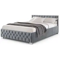 Juskys Polsterbett Nizza 140x200 cm - Lattenrost, Stauraum & LEDs - Samtbezug mit Steppung - Grau