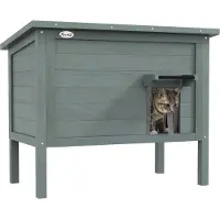 PawHut Katzenhaus aus Holz, Katzenhöhle Outdoor, Isolierte Katzenhütte mit Türvorhang