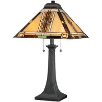 QUOIZEL Elstead Navajo Tischlampe E27 2-fach Bronze und Kunstglas-Schirm Tiffanyglas