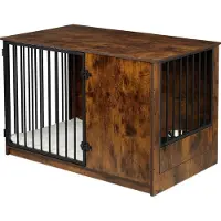 Relaxdays Hundekäfig für Zuhause, HBT: 65,5x102x60 cm, 2 drehbare Näpfe, Hundebox Industrial, MDF & Stahl, braun/schwarz