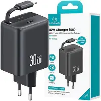 Usams Ład. Siec. 1Xusb-C Ze Zwijanym Kablem Usb-C Retractable Pd+Qc 30W Gan Fast Charging Czarny/Schwarz Yc Serie Cc241Tc01 (Us-Cc241)