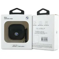 BMW BMA4SSLBK AirPods 4 Schutzhülle, Schwarz, Echtes Leder, Silbernes Logo