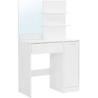 Vasagle Schminktisch, Frisiertisch, mit Spiegel, Aufbewahrungsfach, 2 verstellbare Ablagen hinter der TÜr, 1 Schublade, 2 Ablagen, weiß RDT119W01