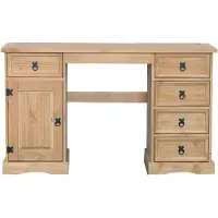 Möbilia Schreibtisch mit 5 Schubladen, 1 Tür | Kiefer-Holz honigfarbig | B 140 x T 48 x H 76 cm | 19020033 | Serie SCHREIBTISCH