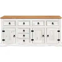 Möbilia Sideboard | mit 3 Türen, 7 Schubladen | Kiefer-Holz | B 174 x T 44 x H 84 cm | 19020045 | weiß lackiert, braune Deckplatte | Serie SIDEBOARD