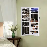 Hobby Hall Schmuckschrank hängend, Spiegelschrank mit LED-Innenbeleuchtung, Wandschrank mit Ganzkörperspiegel JJCB3599WT