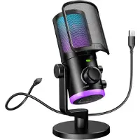 Fifine AM6 Gaming condenser microphone with chat and gaming volume, RGB light ring, noise cancelling
