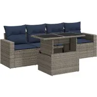 vidaXL 5-tlg. Garten-Sofagarnitur mit Kissen Grau Poly Rattan Akazie