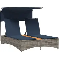 vidaXL Doppel-Sonnenliege mit Dach und Kissen Grau Poly Rattan
