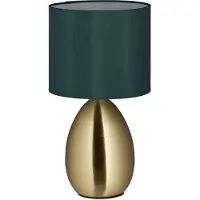 Relaxdays Tischlampe, Metallfuß, Stoffschirm, E14, HxD 33,5x18 cm, Nachttischlampe mit Kabel, Schlafzimmer, messing/grün