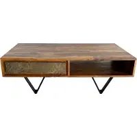 FineBuy Couchtisch rechteckig Sheesham Massivholz 115 cm, Wohnzimmertisch mit 2 Schubladen & Ablagefach, Steinoptik Front, Metallgestell Schwarz