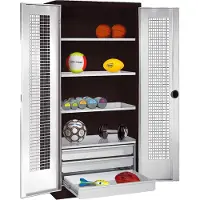 C+P Sportgeräteschrank mit Schubladen und Lochblech-Flügeltüren (Typ 4), HxBxT 195x120x50 cm, Lichtgrau (RAL 7035), Ergo-Lock Muldengriff, Anthrazit (RAL 7021), Gleichschließung
