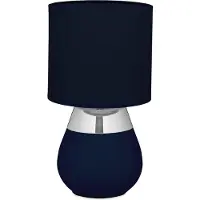 Relaxdays Tischlampe, Metallfuß, Stoffschirm, E14, HxD: 32 x 18 cm, Nachttischlampe mit Kabel, Schlafzimmer, blau/silber