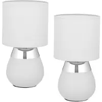 Relaxdays Tischlampe, 2er Set, Metallfuß, Stoffschirm, E14, H x D: 32 x 18 cm, Nachttischlampe mit Kabel, grau/silber