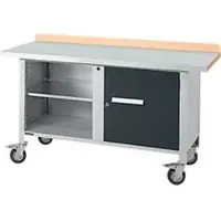 Schäfer Shop Mobile Werkbank PWi 150-1, Buche-Dekor Multiplexplatte, mit Stahlabdeckung, bis 400 kg, B 1500 x T 700 x H 840 mm