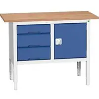 Bott Kastenwerkbank verso, Multiplex-Platte, 3 Schubladen & 1 Tür, B 1250 x T 600 x H 830 - 930 mm, RAL 7035 Lichtgrau / Enzianblau