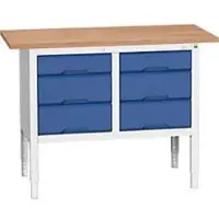 Bott Kastenwerkbank verso, Multiplex-Platte, 6 Schubladen, B 1250 x T 600 x H 830 - 930 mm, RAL 7035 Lichtgrau / Enzianblau