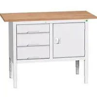 Bott Kastenwerkbank verso, Multiplex-Platte, 3 Schubladen & 1 Tür, B 1250 x T 600 x H 830 - 930 mm, RAL 7035 Lichtgrau
