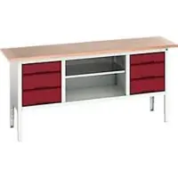 Bott Kastenwerkbank verso, mit Multiplex-Platte, 6 Schubladen & 1 Ablageboden, B 2000 x T 600 x H 830 - 930 mm, RAL 7035 Lichtgrau / RAL 3004 Purpurrot