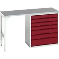 Bott Unterbauwerkbank verso, Linoleum-Platte, 7 Schubladen, B 1500 x T 600 x H 930 mm, Lichtgrau / Purpurrot