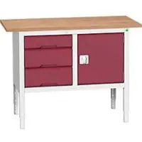 Bott Kastenwerkbank verso, Multiplex-Platte, 3 Schubladen & 1 Tür, B 1250 x T 600 x H 830 - 930 mm, RAL 7035 Lichtgrau / Purpurrot