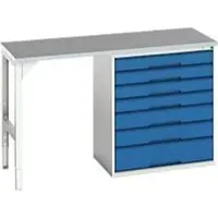 Bott Unterbauwerkbank verso, Linoleum-Platte, 7 Schubladen, B 1500 x T 600 x H 930 mm, Lichtgrau / Enzianblau