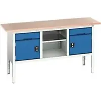 Bott Kastenwerkbank verso, Multiplex-Platte, 2 Schubladen, 1 Ablageboden, 2 Türen, B 1750 x T 600 x H 830 - 930 mm, Lichtgrau / Enzianblau