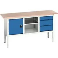 Bott Kastenwerkbank verso, mit Multiplex-Platte, 3 Schubladen & 1 Ablageboden & 1 Tür, B 1750 x T 600 x H 830 - 930 mm, RAL 7035 Lichtgrau / RAL 5010 Enzianblau