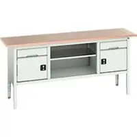 Bott Kastenwerkbank verso, Multiplex-Platte, 2 Schubladen, 2 Türen, 1 Ablageboden, B 2000 x T 600 x H 830 - 930 mm, Lichtgrau
