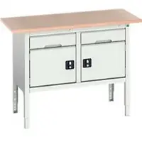 Bott Kastenwerkbank verso, Multiplex-Platte, 2 Schubladen und 2 Türen, B 1500 x T 600 x H 830 - 930 mm, RAL 7035 Lichtgrau