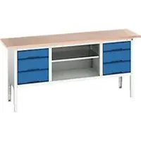 Bott Kastenwerkbank verso, mit Multiplex-Platte, 6 Schubladen & 1 Ablageboden, B 2000 x T 600 x H 830 - 930 mm, RAL 7035 Lichtgrau / RAL 5010 Enzianblau