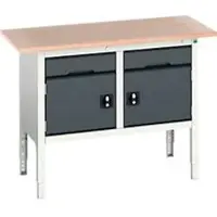 Bott Kastenwerkbank verso, Multiplex-Platte, 2 Schubladen und 2 Türen, B 1500 x T 600 x H 830 - 930 mm, RAL 7035 Lichtgrau / Anthrazitgrau