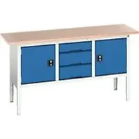 Bott Kastenwerkbank verso, mit Multiplex-Platte, 3 Schubladen & 2 Türen, B 1750 x T 600 x H 830 - 930 mm, RAL 7035 Lichtgrau / RAL 5010 Enzianblau