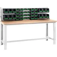 Bott Systemwerkbank cubio, mit Aufsatzrahmen und Schlitzplatte, Buche-Multiplexplatte, bis 800 kg, B 2000 x T 750 mm, Lichtgrau