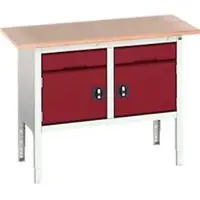 Bott Kastenwerkbank verso, Multiplex-Platte, 2 Schubladen und 2 Türen, B 1500 x T 600 x H 830 - 930 mm, RAL 7035 Lichtgrau / Purpurrot