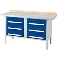 Schäfer Shop Kastenwerkbank PWi 150-6, Buche Multiplexplatte, mit Stahlabdeckung, bis 750 kg, B 1500 x T 700 x H 840 mm, Enzianblau