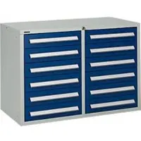 Schäfer Shop Schubladenschrank SF 120, 12 Schübe mit Etikettenschildern, abschließbar, B 1055 x T 500 x H 723 mm, lichtgrau RAL 7035/enzianblau RAL 5010