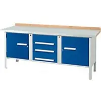 Schäfer Shop Kastenwerkbank PW 200-4, Buche Multiplexplatte, mit Stahlabdeckung, bis 750 kg, B 2000 x T 700 x H 840 mm, Enzianblau