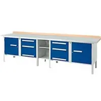 Schäfer Shop Kastenwerkbank PWi 300-2, Buche Multiplexplatte, mit Stahlabdeckung, bis 750 kg, B 3000 x T 700 x H 840 mm, Enzianblau