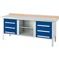 Schäfer Shop Kastenwerkbank PW 200-2, Buche Multiplexplatte, mit Stahlabdeckung, bis 750 kg, B 2000 x T 700 x H 840 mm, Enzianblau