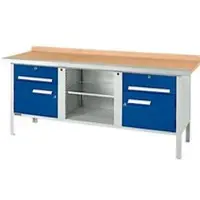 Schäfer Shop Kastenwerkbank PW 200-0, Buche Multiplexplatte, mit Stahlkante, bis 750 kg, B 2000 x T 700 x H 840 mm, Enzianblau