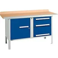 Schäfer Shop Kastenwerkbank PWi 150-7, Buche Multiplexplatte, mit Stahlkante, bis 750 kg, B 1500 x T 700 x H 840 mm, Enzianblau