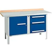 Schäfer Shop Kastenwerkbank PWi 150-7, Buche Multiplexplatte, mit Stahlabdeckung, bis 750 kg, B 1500 x T 700 x H 840 mm, Enzianblau